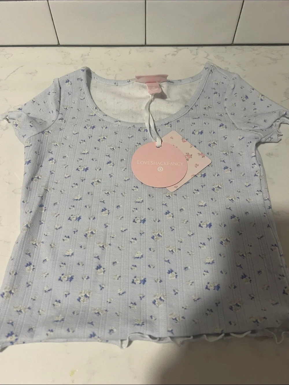 LoveShackFancy Pastel Blue Floral Ribbed Short Sleeve Kids Tee